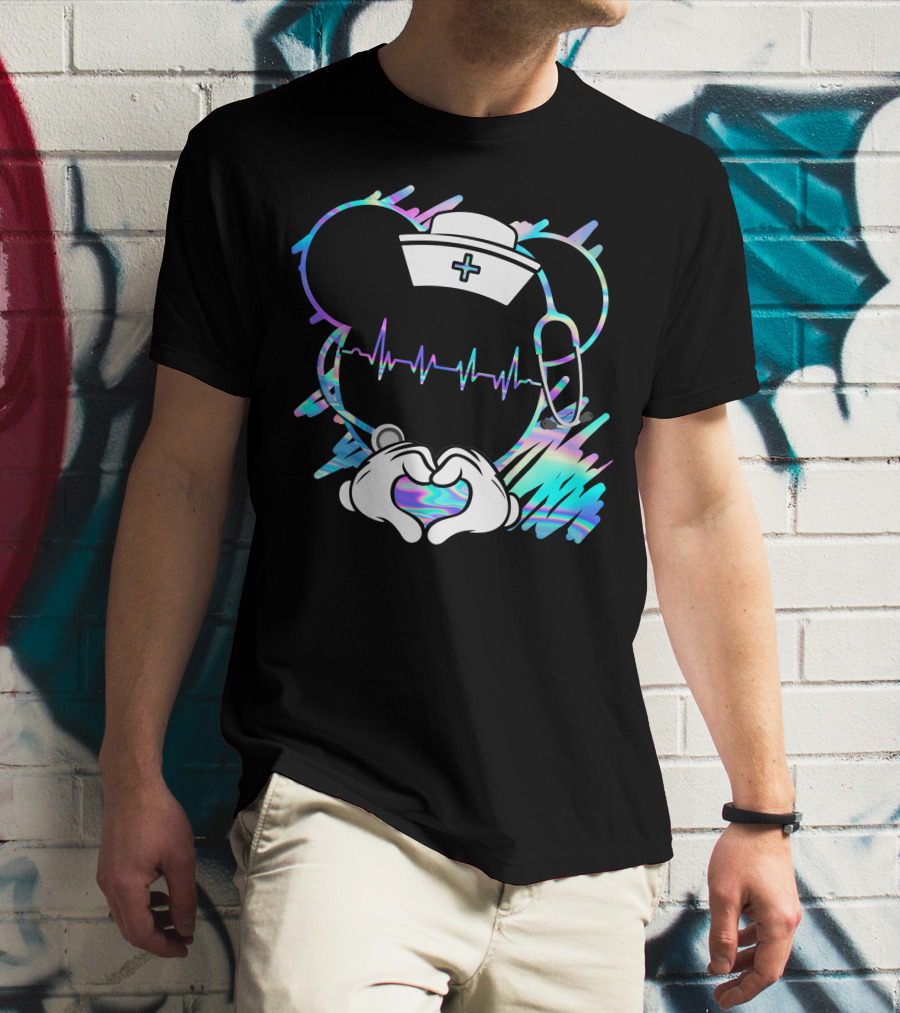 Nurse Disney Mickey Nurse Heartbeat Holographic T-Shirt
