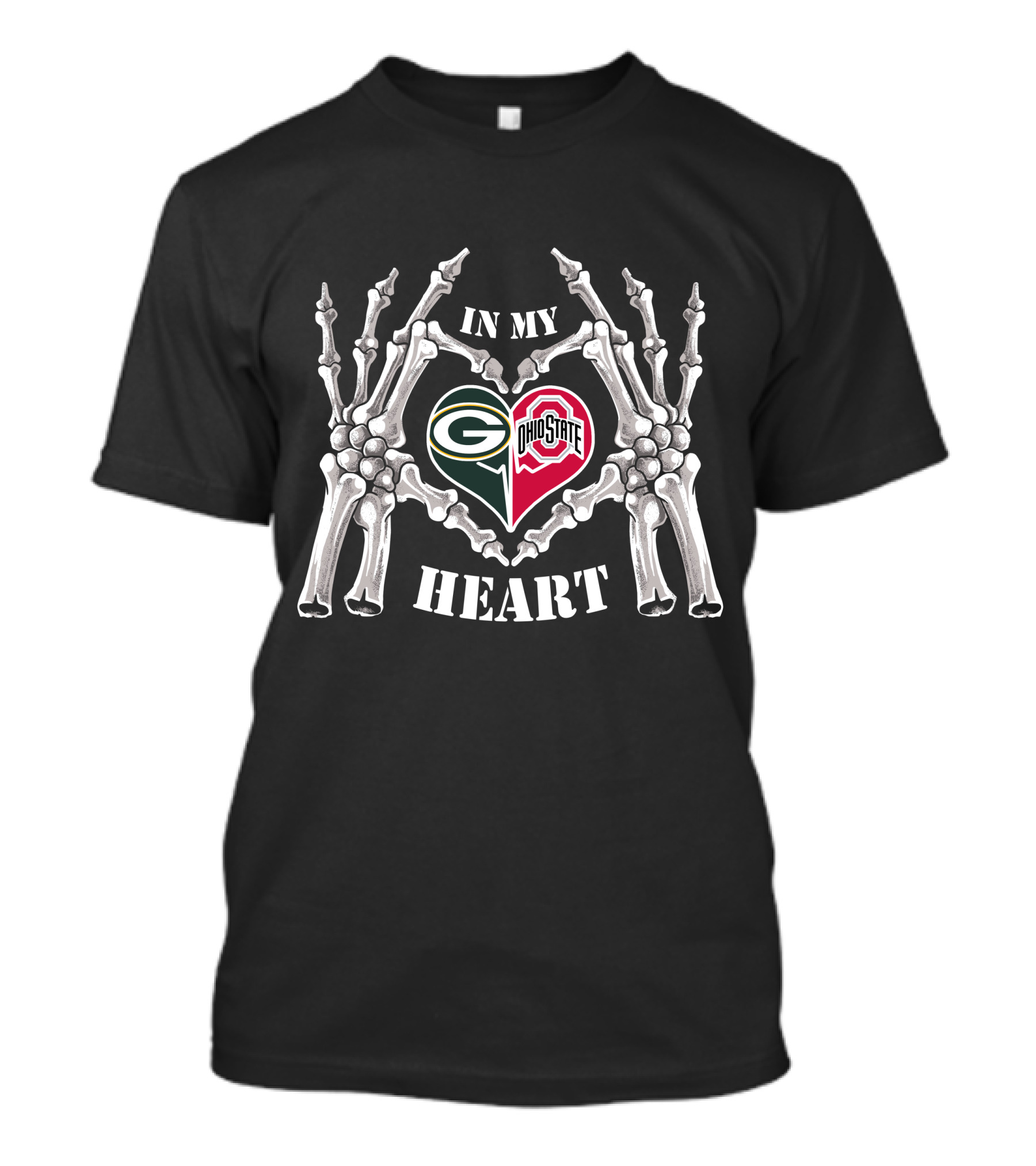 In My Heart Green Bay Packers Ohio State Buckeyes Bone Hands Heart T-Shirt