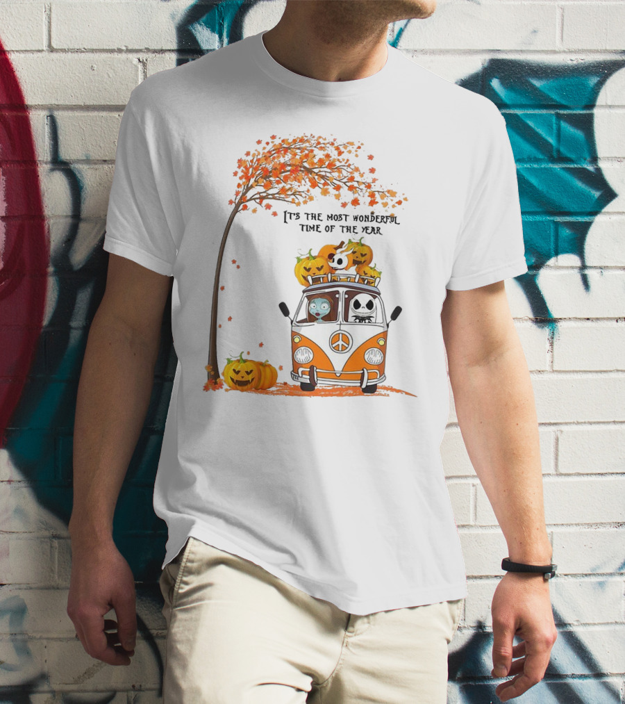 Jack Skellington Pumpkin It's The Most Wonderful Time Of The Year Autumn Van With Pumpkins And Tree T-Shirt