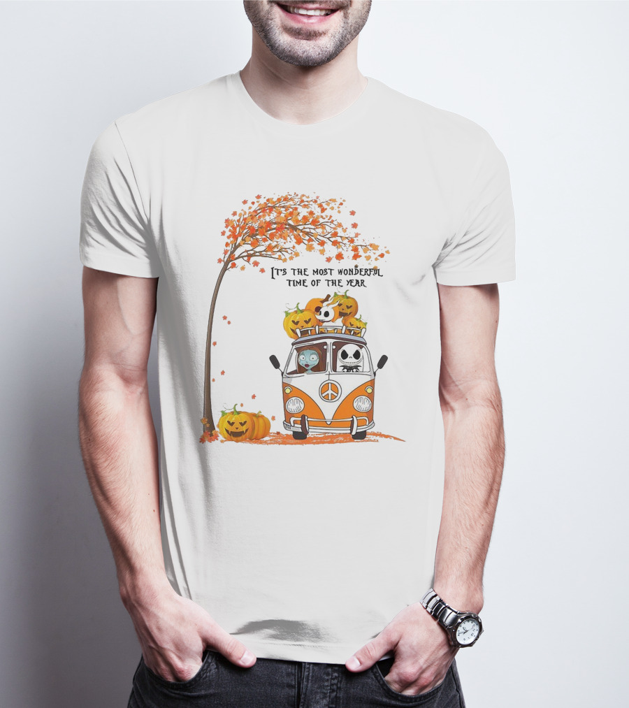 Jack Skellington Pumpkin It's The Most Wonderful Time Of The Year Autumn Van With Pumpkins And Tree T-Shirt
