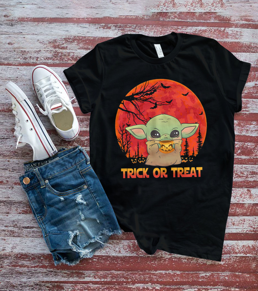 Halloween Baby Yoda Trick Or Treat Moon Pumpkin Forest T-Shirt