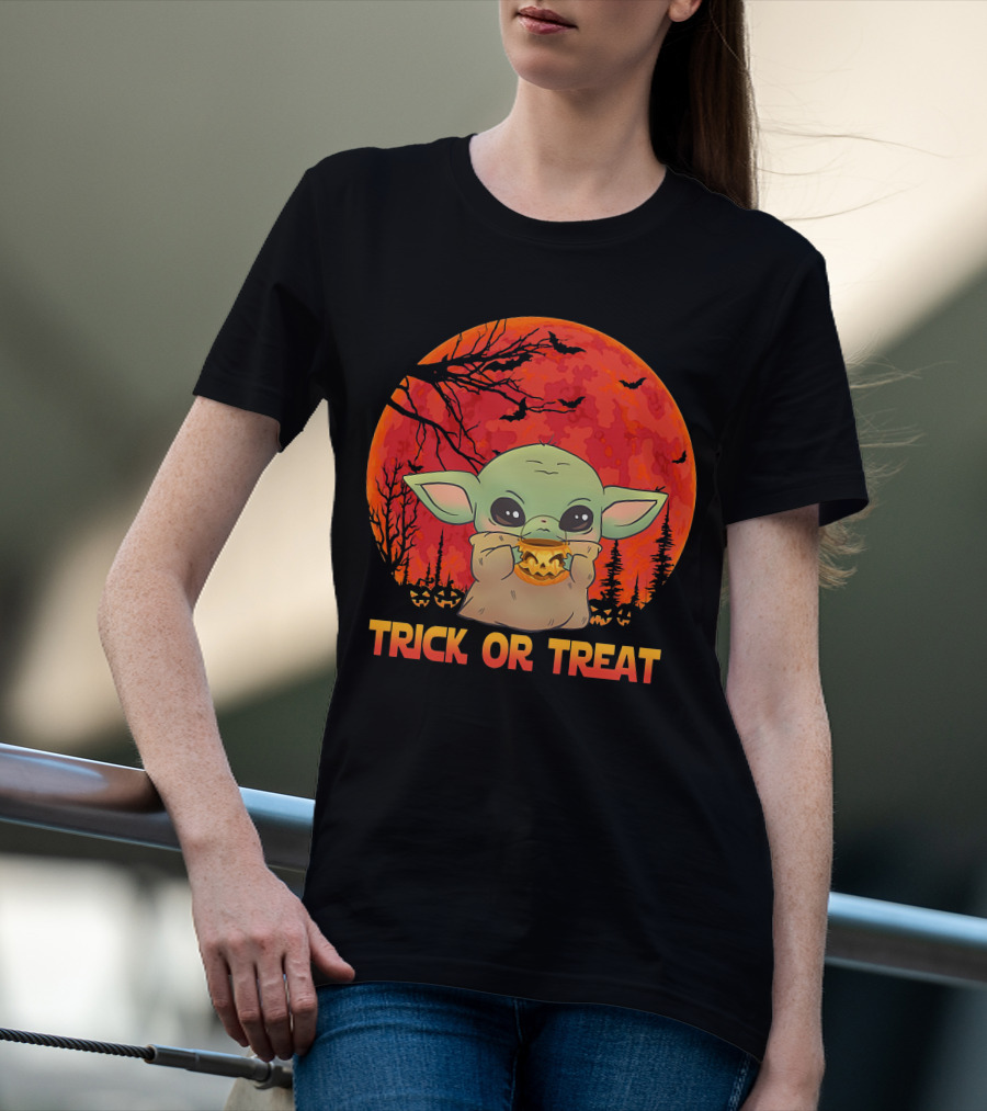 Halloween Baby Yoda Trick Or Treat Moon Pumpkin Forest T-Shirt