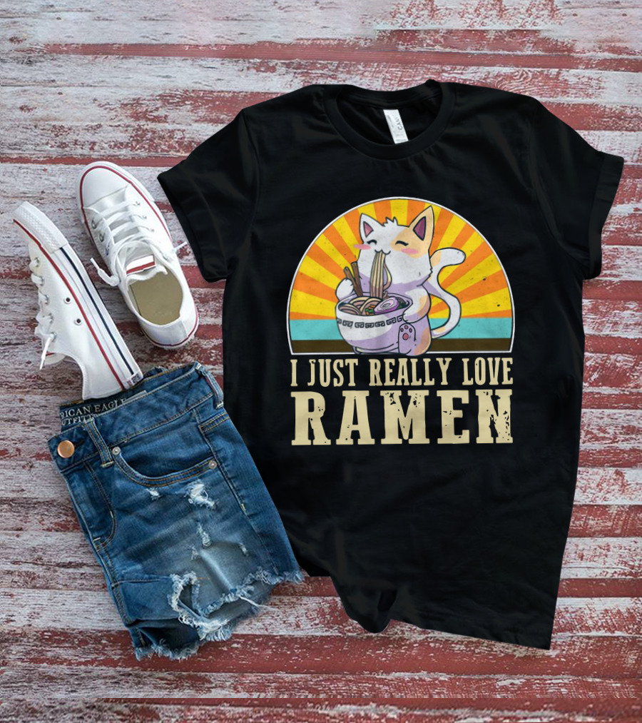 Cat Enjoying Ramen With Sunburst Background Graphics T-Shirt