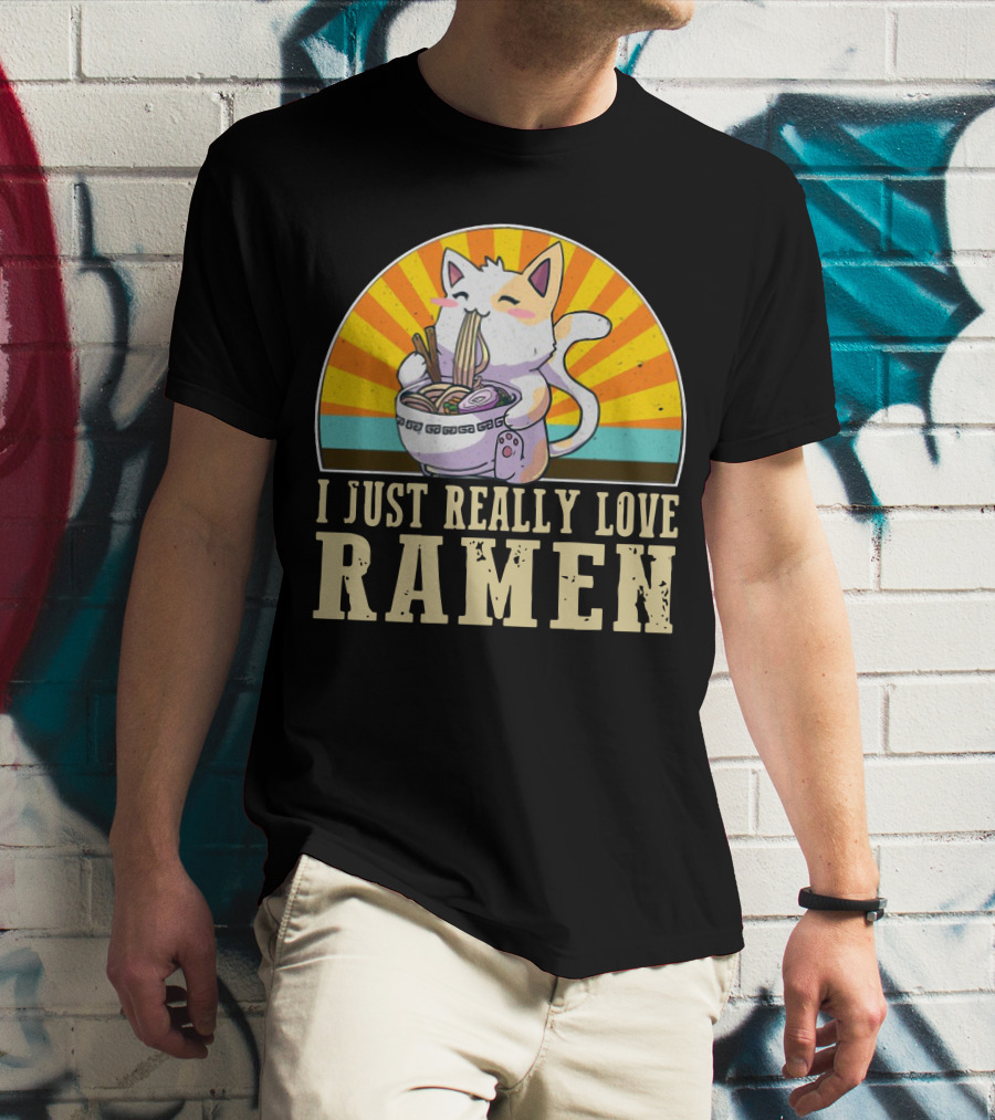 Cat Enjoying Ramen With Sunburst Background Graphics T-Shirt