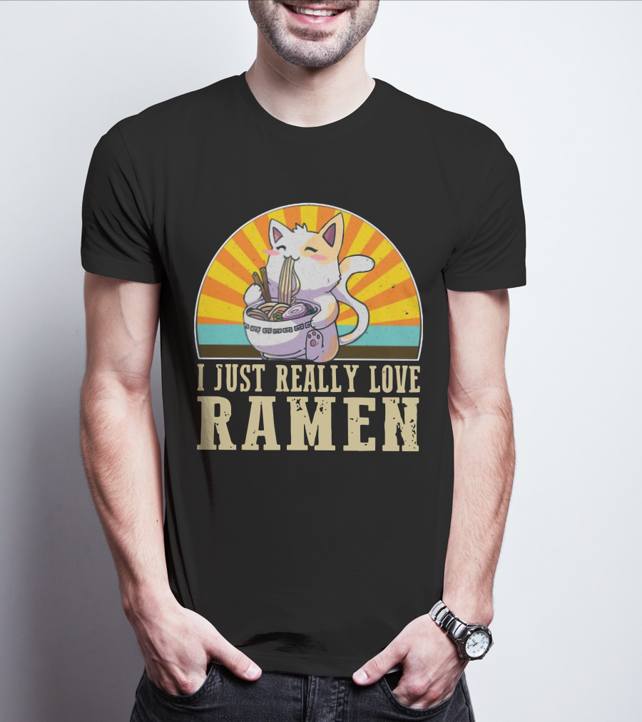 Cat Enjoying Ramen With Sunburst Background Graphics T-Shirt