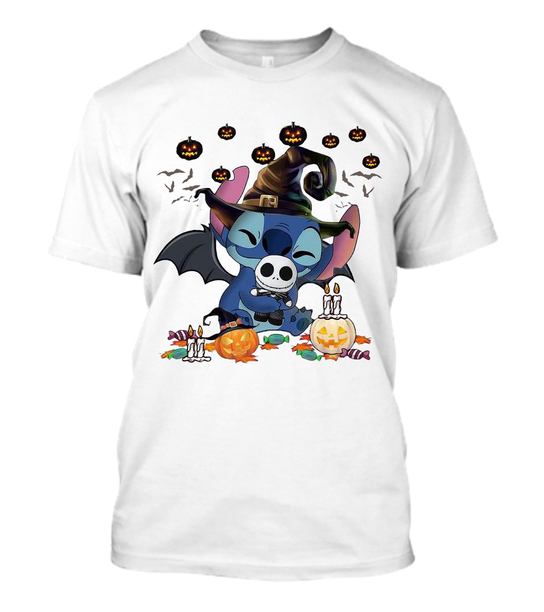 Halloween Stitch With Jack Skellington Mask And Bats T-Shirt