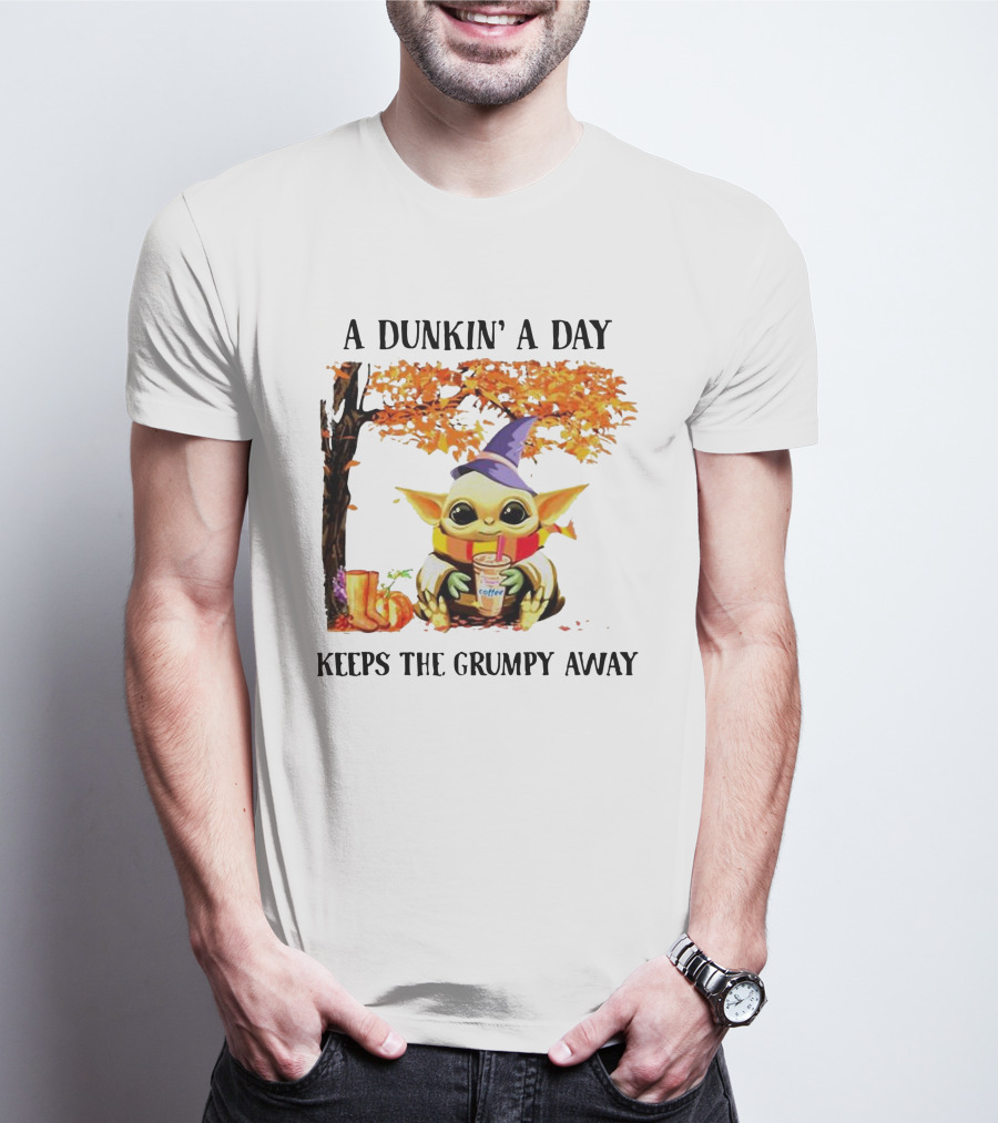 A Dunkin' A Day Keeps The Grumpy Away Baby Yoda Autumn Halloween T-Shirt