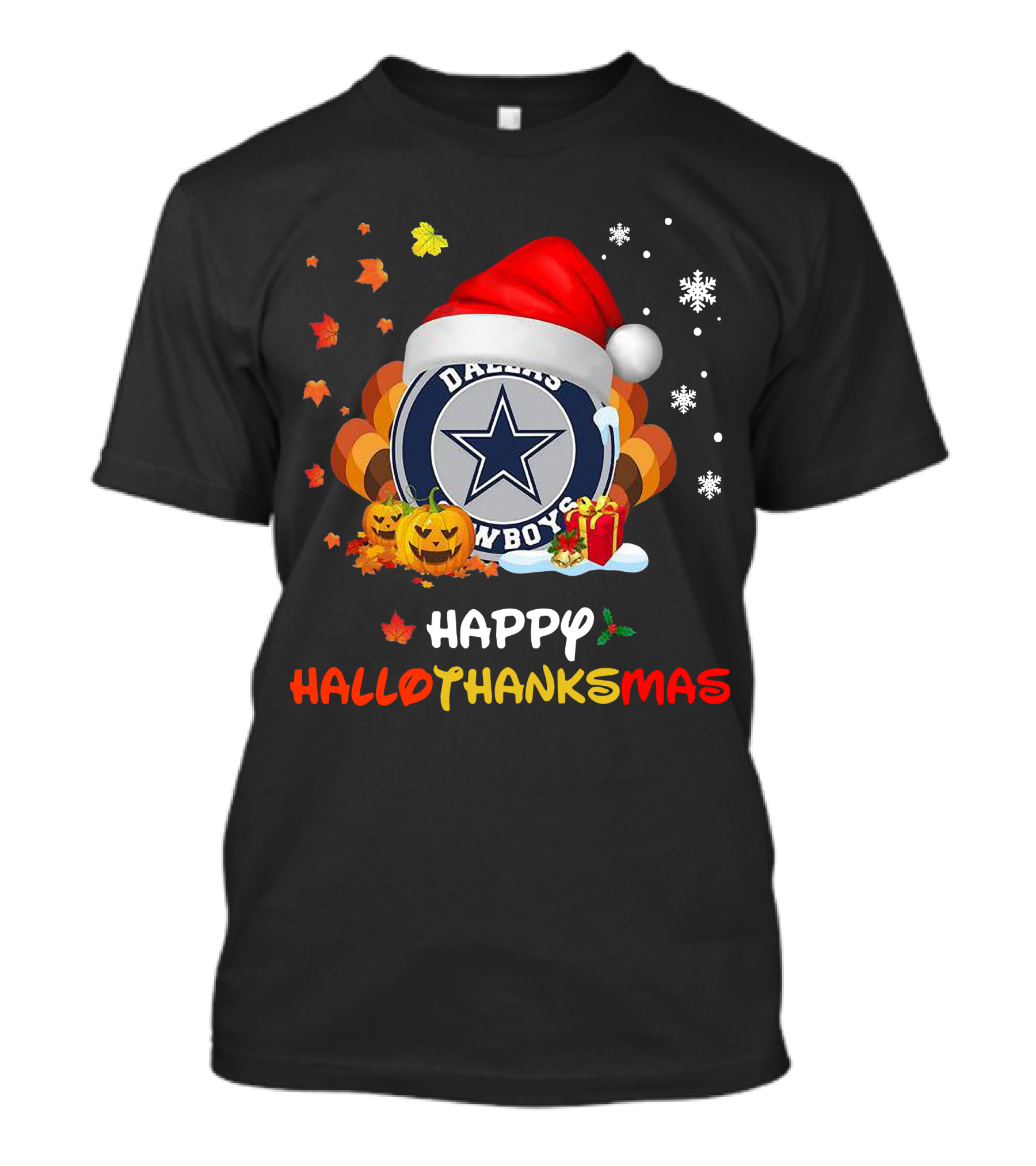 Happy Hallothanksmas Dallas Cowboys Pumpkin Santa Leaves Snowflakes T-Shirt