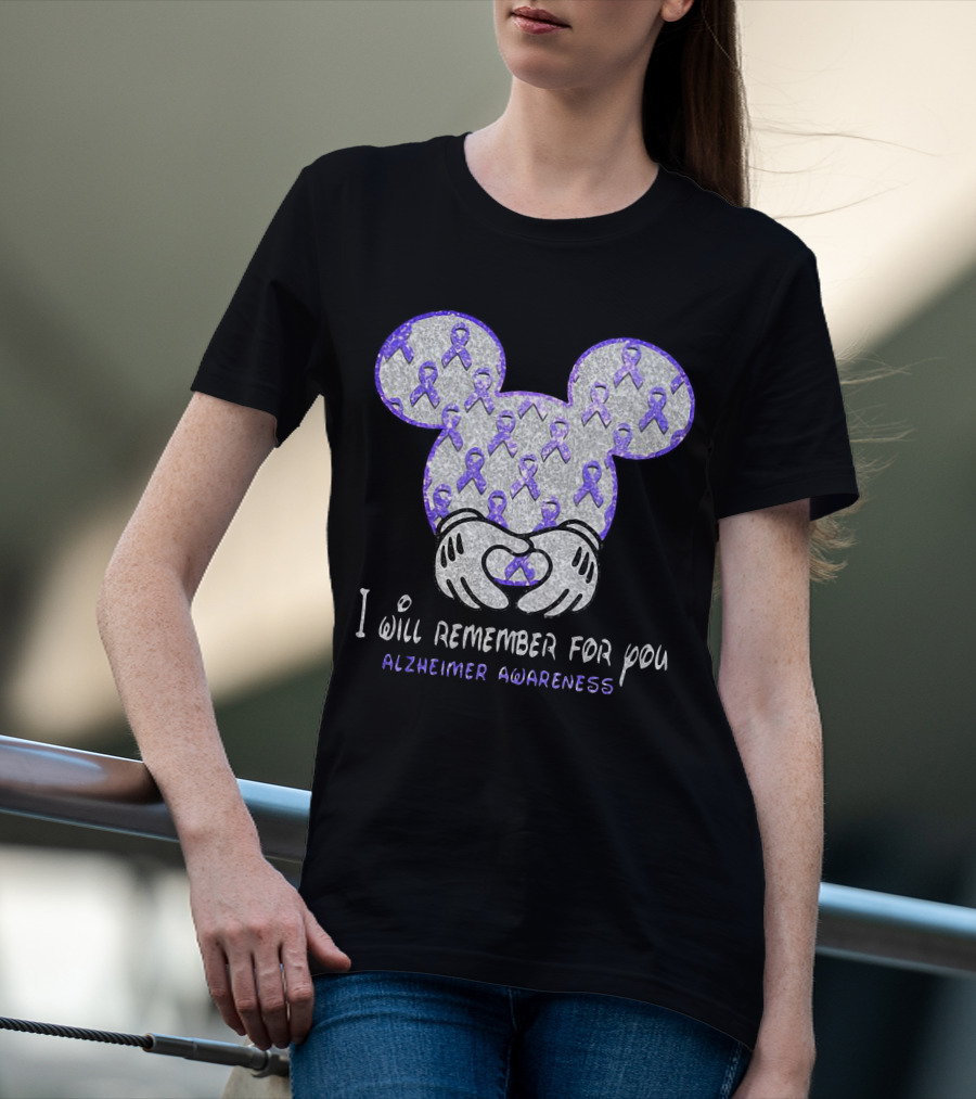 I Will Remember For You Alzheimer Awareness Mickey Pattern With Purple Ribbons T-Shirt