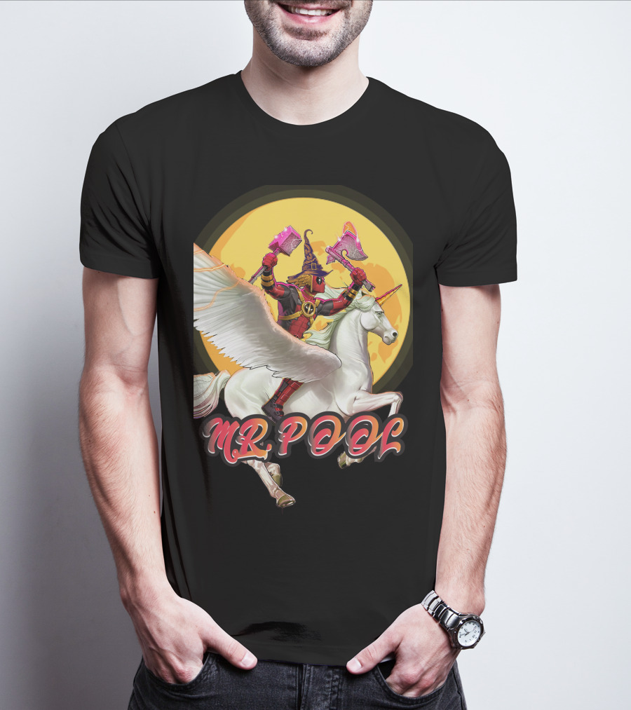 MR POOL Wizard On Unicorn With Pink Axes T-Shirt