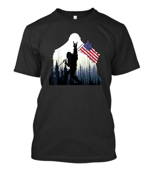 Bigfoot Silhouette With USA Flag And Rock And Roll Pose In Forest T-Shirt