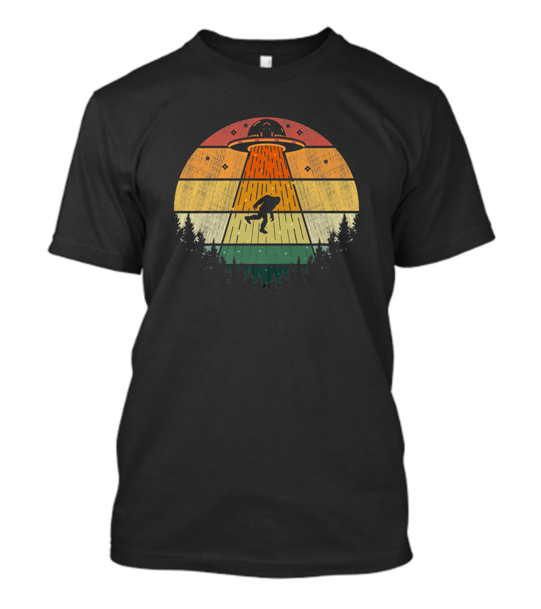 Retro Bigfoot UFO Abduction Sasquatch Alien Forest Silhouette Vintage Style Birthday T-Shirt