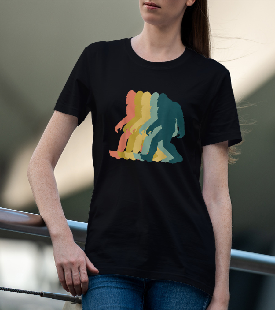 Vintage Retro Rainbow Walking Bigfoot Silhouette 1970s T-Shirt