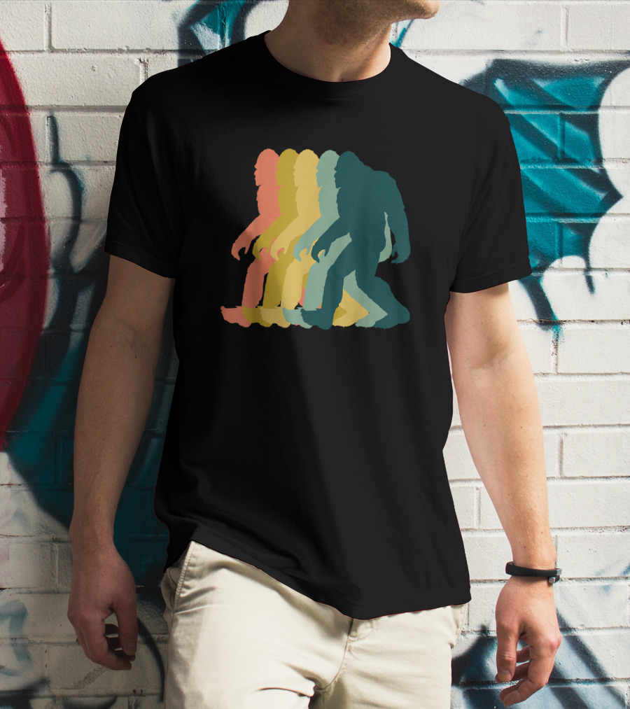 Vintage Retro Rainbow Walking Bigfoot Silhouette 1970s T-Shirt
