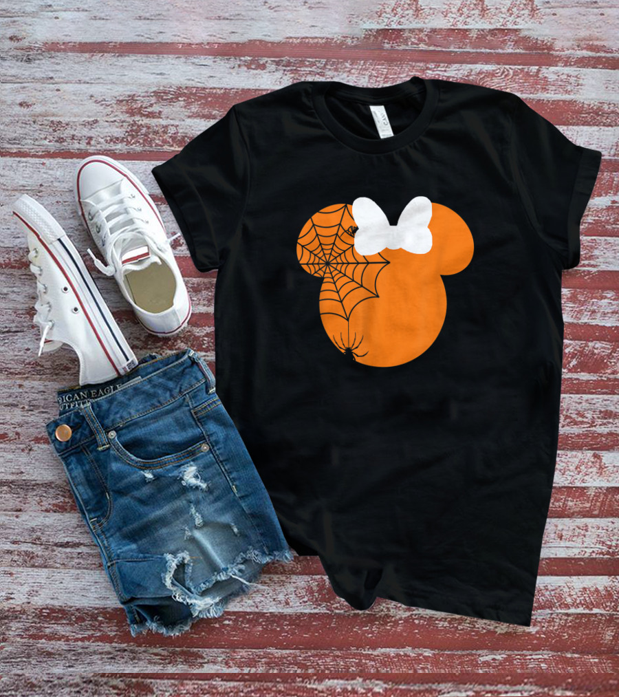 Cute Mouse Halloween Pumpkin With Bow And Spider Web T-Shirt