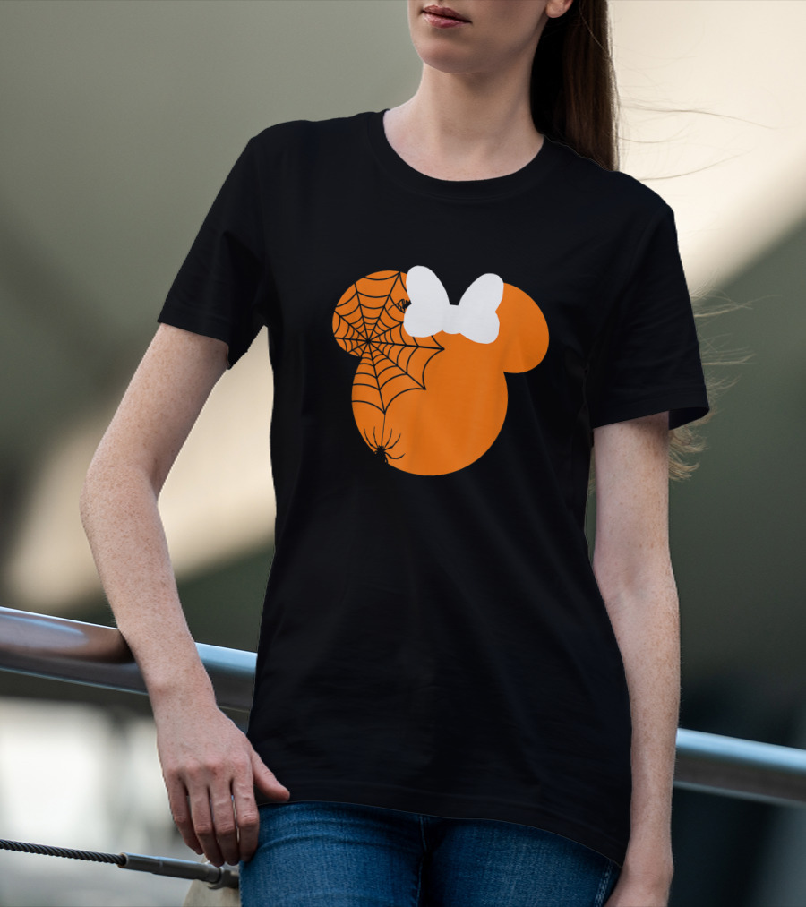 Cute Mouse Halloween Pumpkin With Bow And Spider Web T-Shirt
