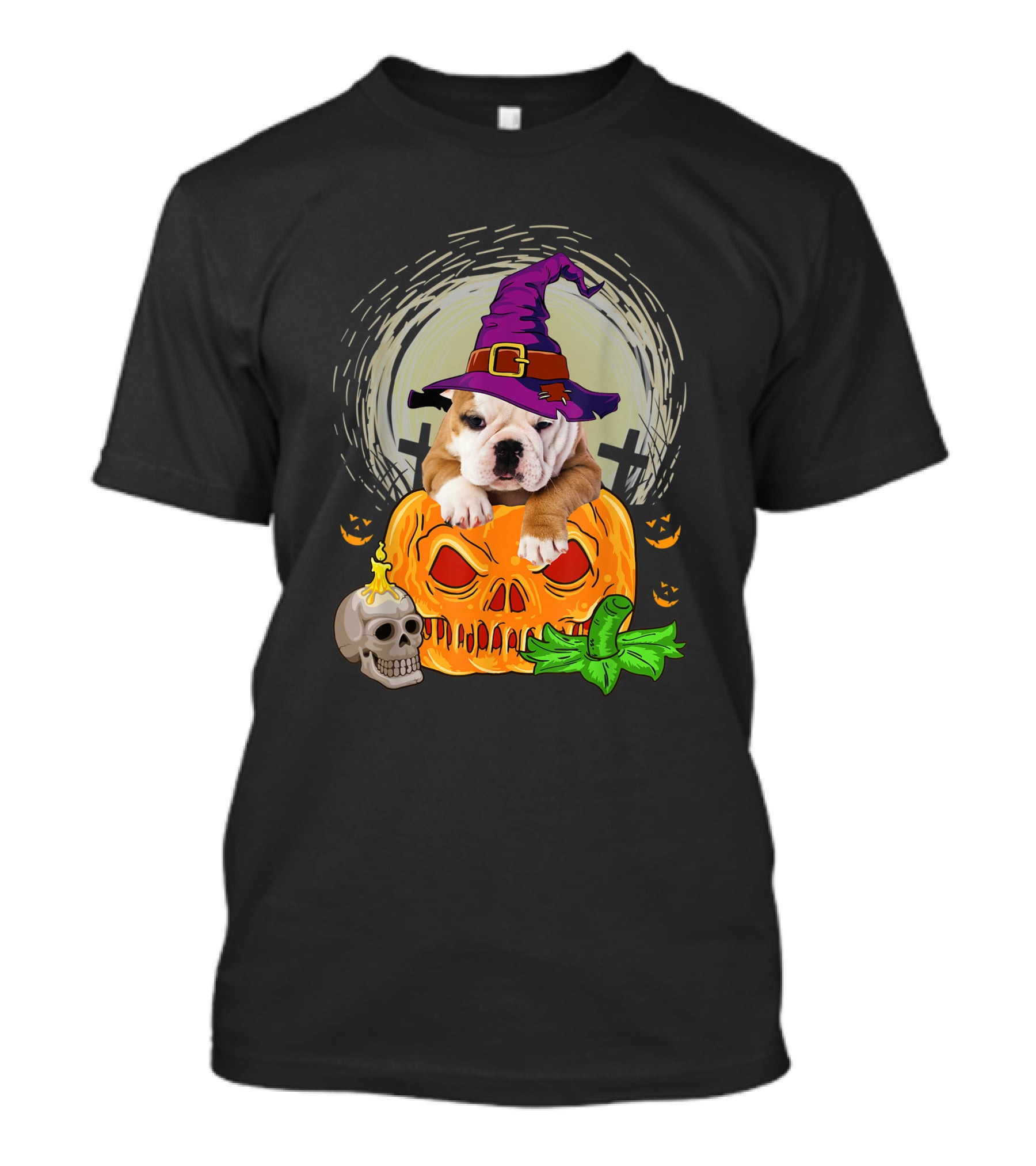 Cute English Bulldog Witch On Skull Pumpkin T-Shirt
