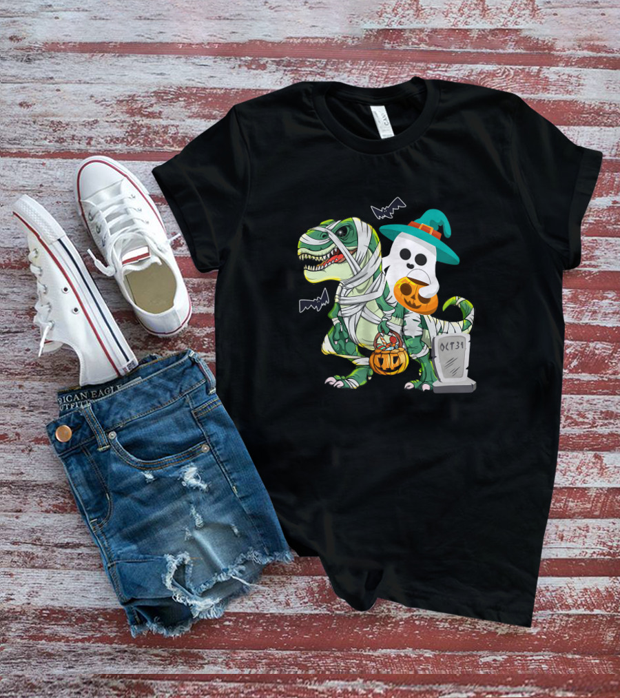 Ghostly Mummy Dinosaur With Pumpkin Candy And Oct 31 Tombstone T-Shirt