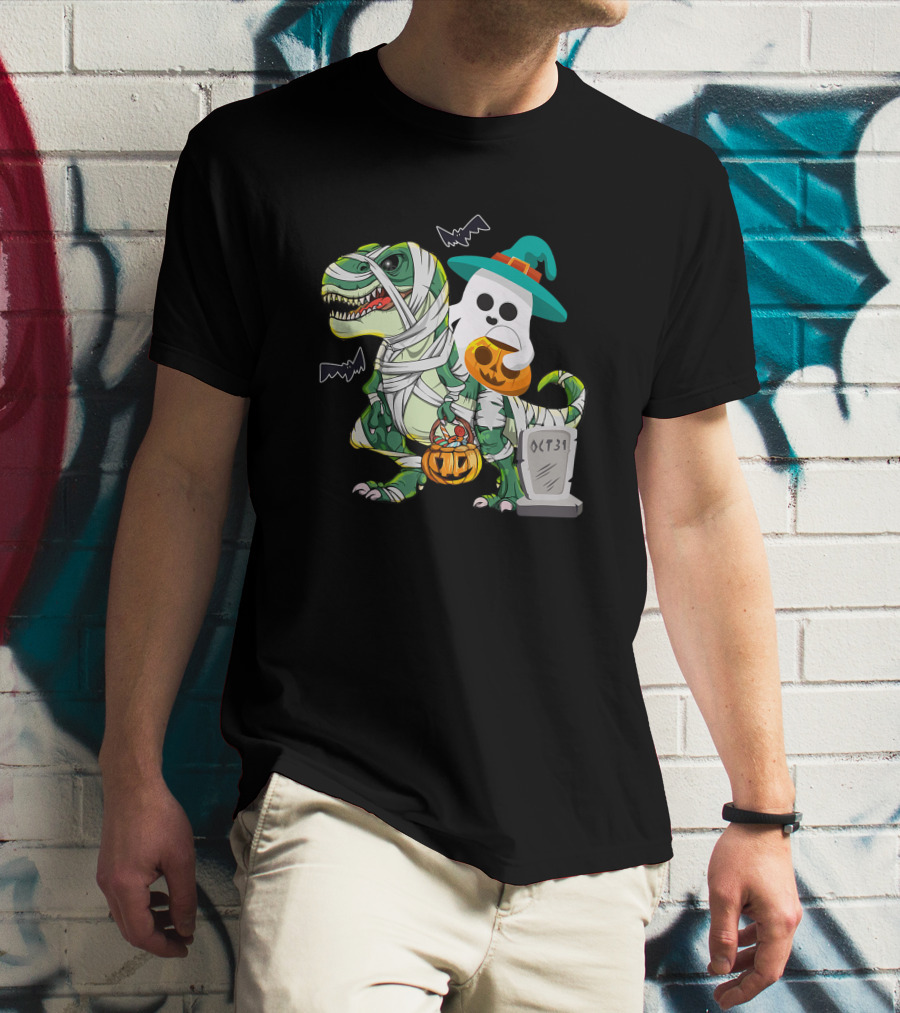 Ghostly Mummy Dinosaur With Pumpkin Candy And Oct 31 Tombstone T-Shirt