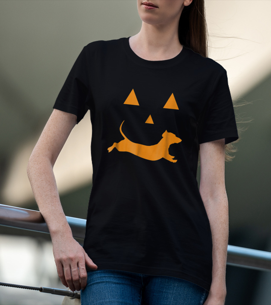 Halloween Pumpkin Face With Orange Dachshund T-Shirt