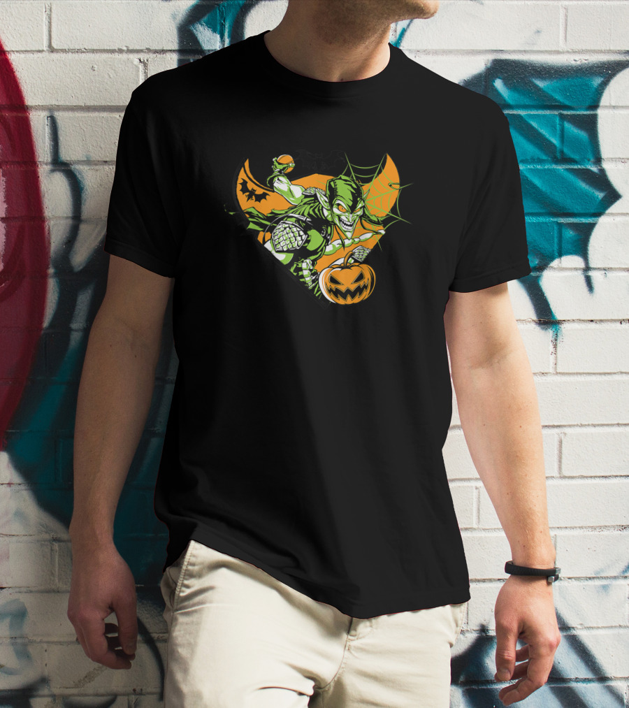 Marvel Green Goblin Pumpkin Bomb Halloween Bats Iconic Villain Orange Web T-Shirt