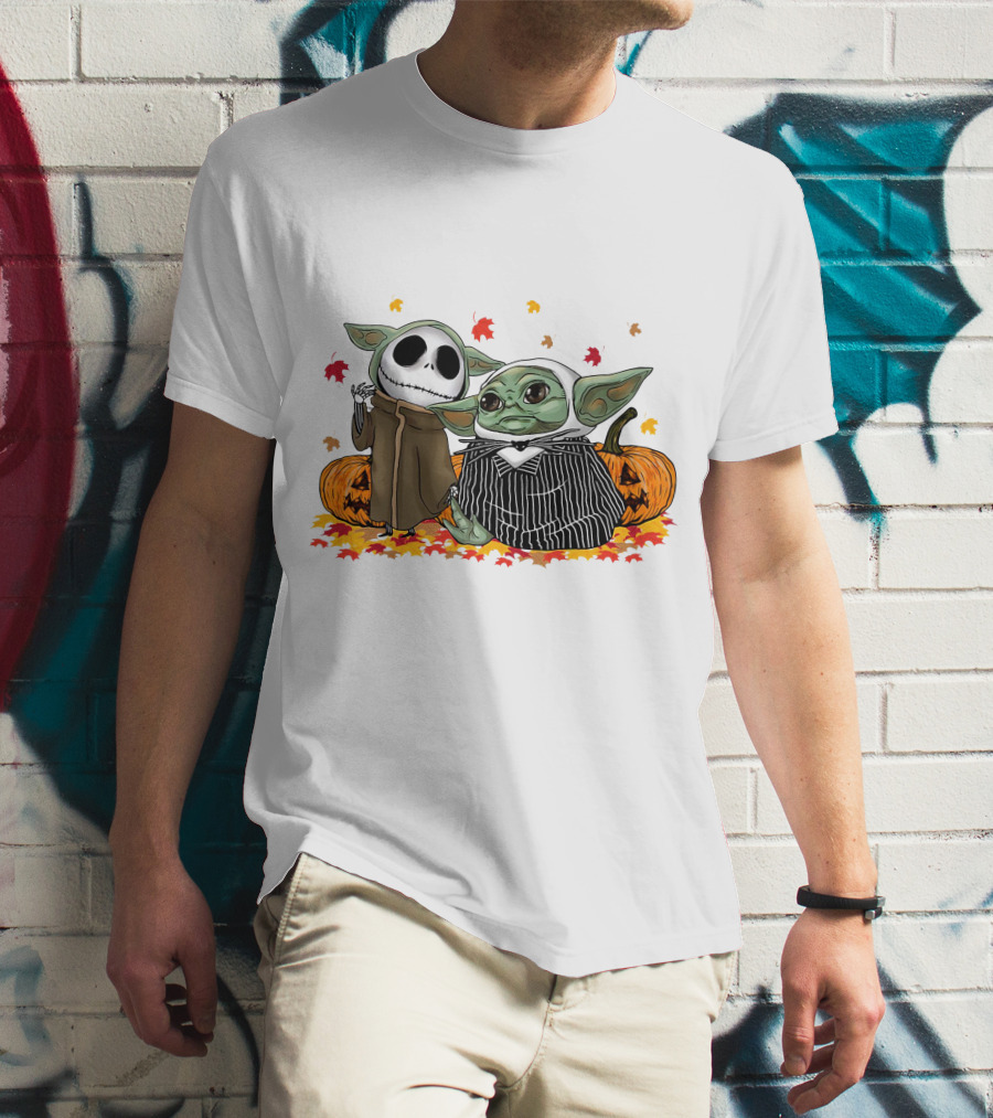 Baby Yoda And Jack Skellington In Halloween Pumpkin Scene T-Shirt