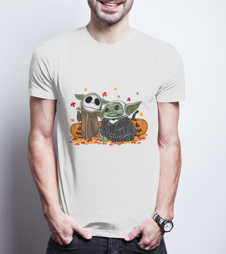 Baby Yoda And Jack Skellington In Halloween Pumpkin Scene T-Shirt
