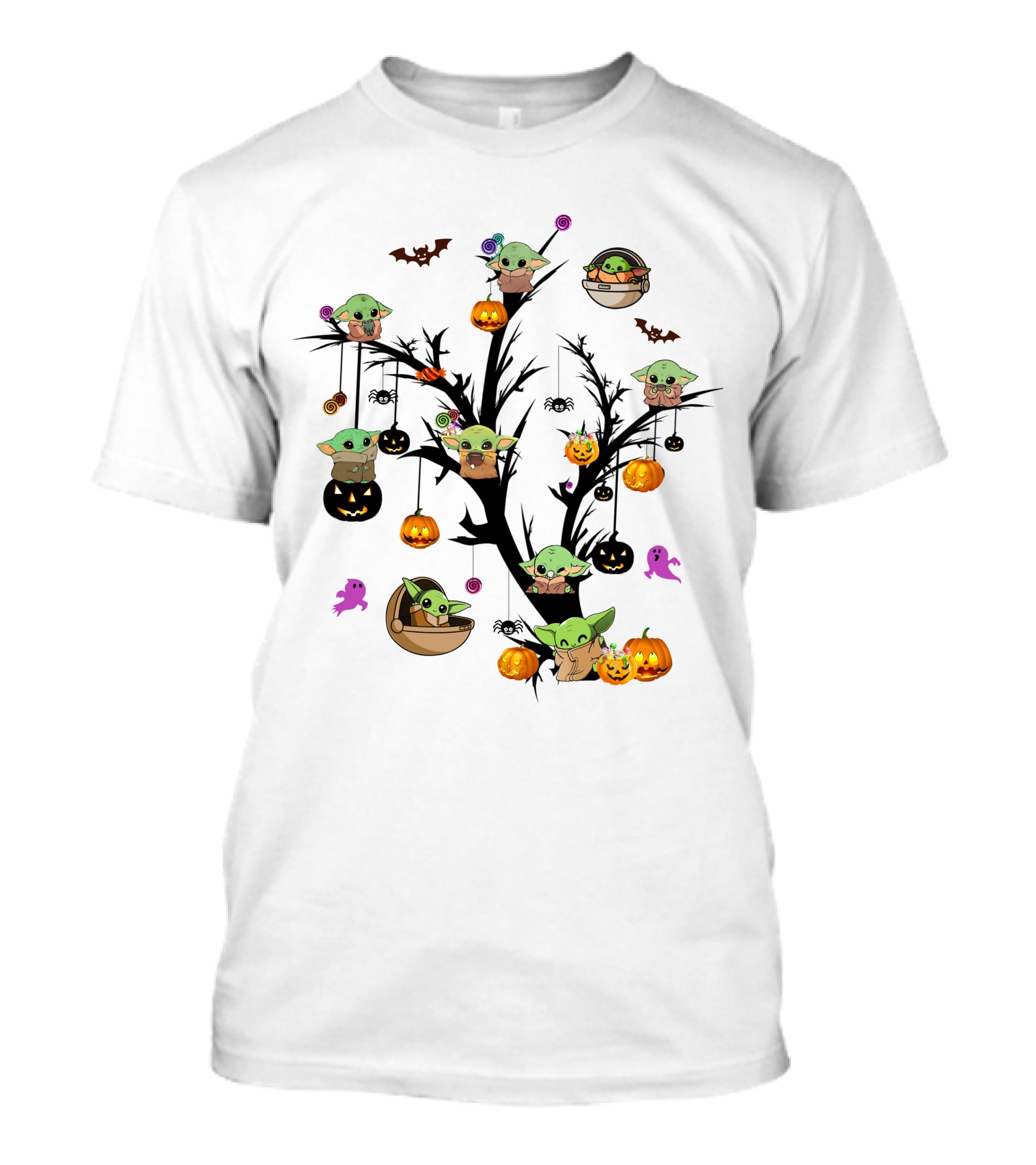 Spooky Halloween Baby Yoda Tree With Pumpkins And Bats T-Shirt