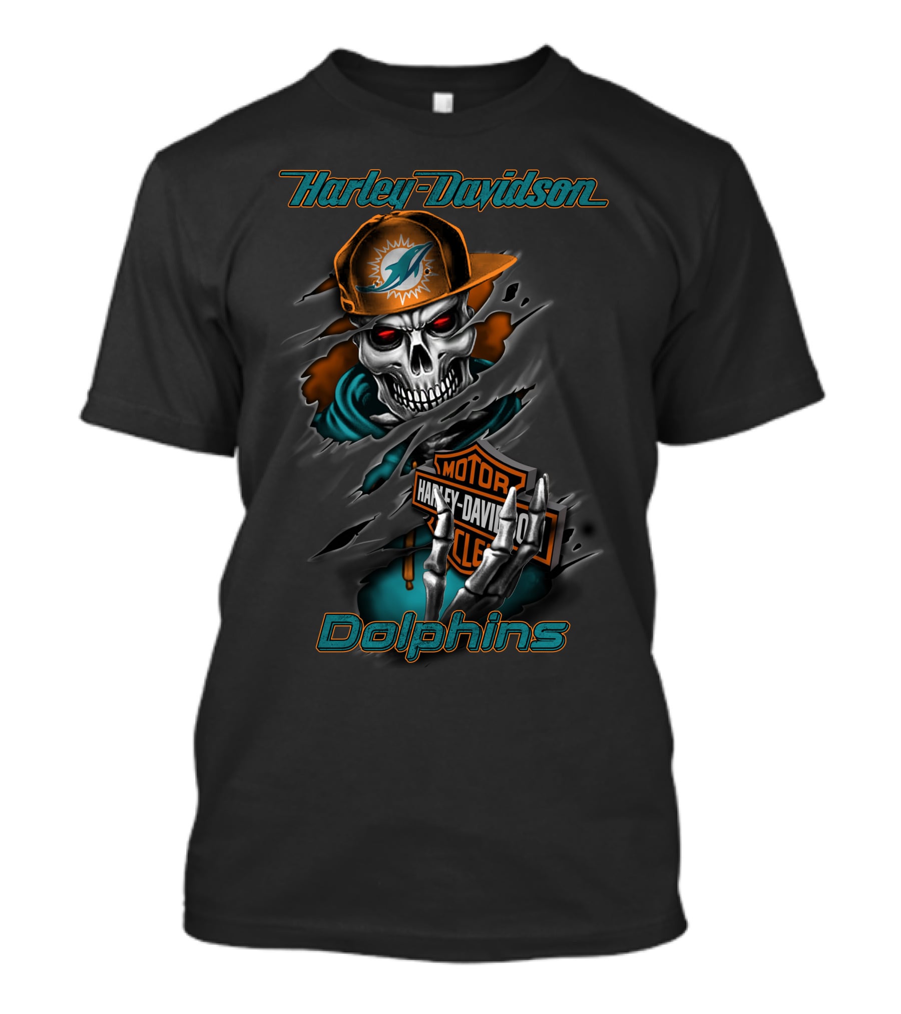Harley Davidson Dolphins Motorcycle Skeleton With Miami Dolphins Cap T-Shirt
