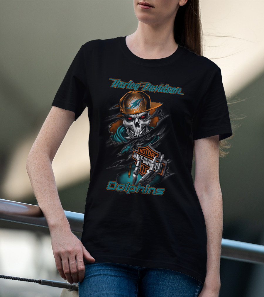 Harley Davidson Dolphins Motorcycle Skeleton With Miami Dolphins Cap T-Shirt