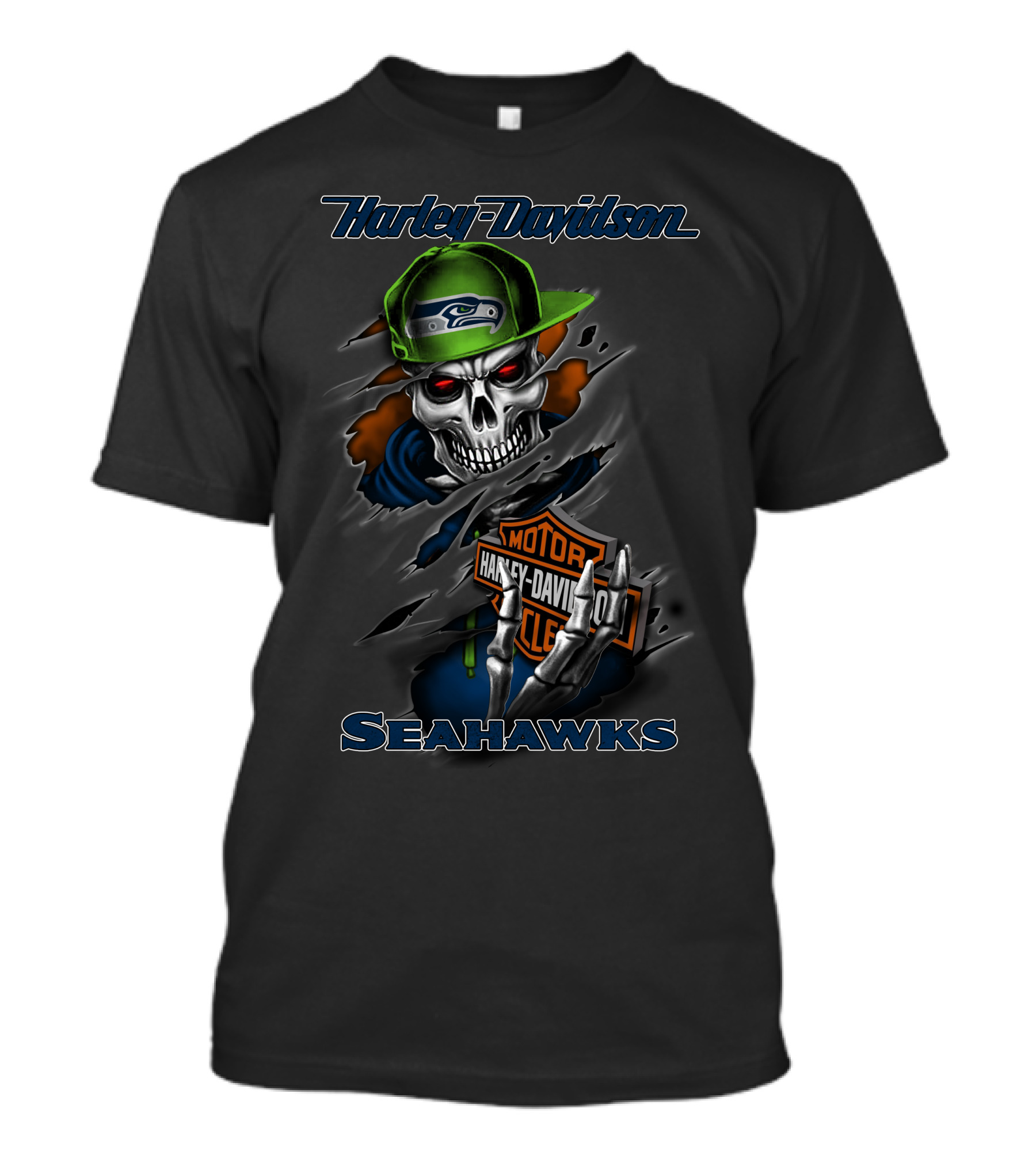 Harley Davidson Seahawks Skull With Motorcycle T-Shirt