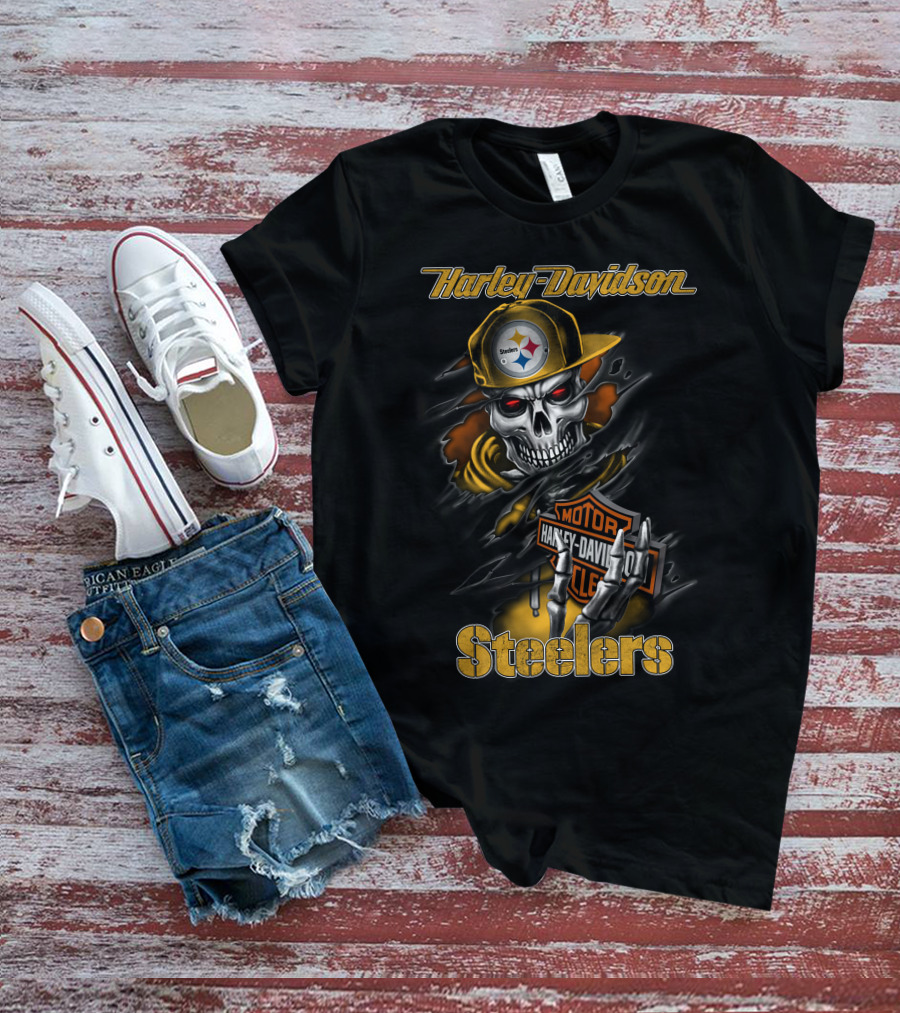 Harley Davidson Steelers Skeleton With Pittsburgh Steelers T-Shirt