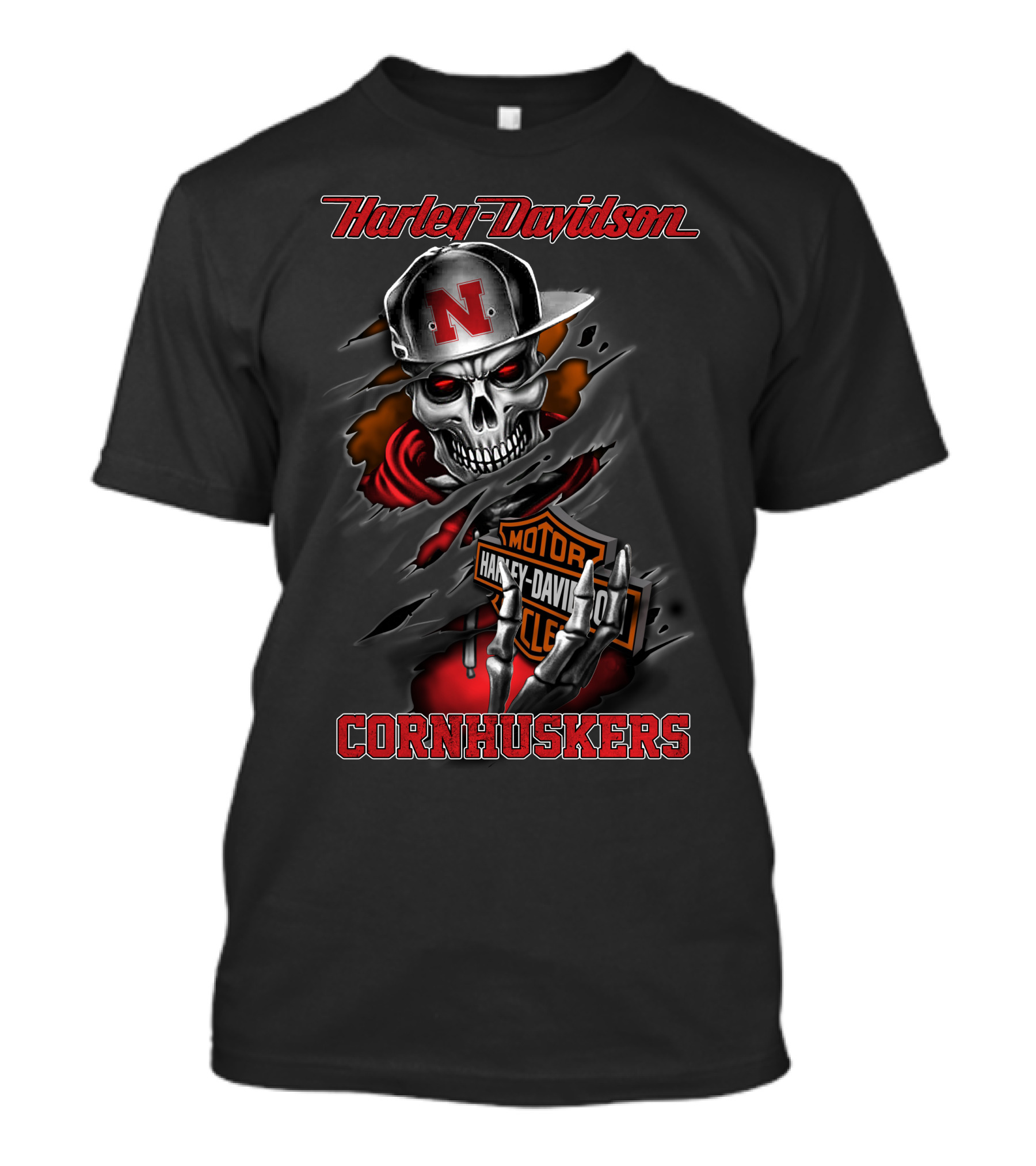 Harley Davidson Cornhuskers Skull With Cap T-Shirt