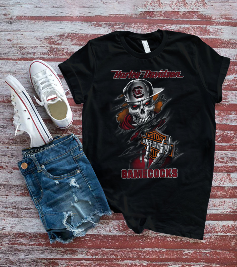 Harley Davidson Gamecocks Motorcycles Skull With Cap T-Shirt