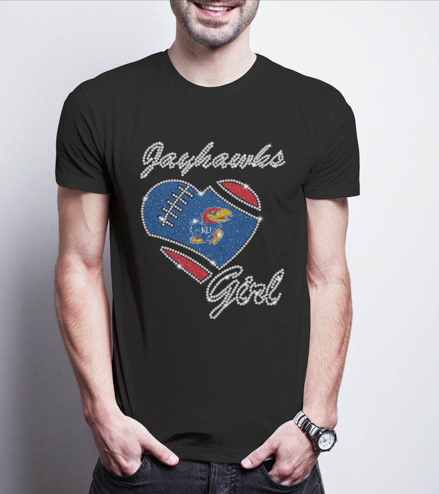 Jayhawks Girl Heart Ku Football T-Shirt