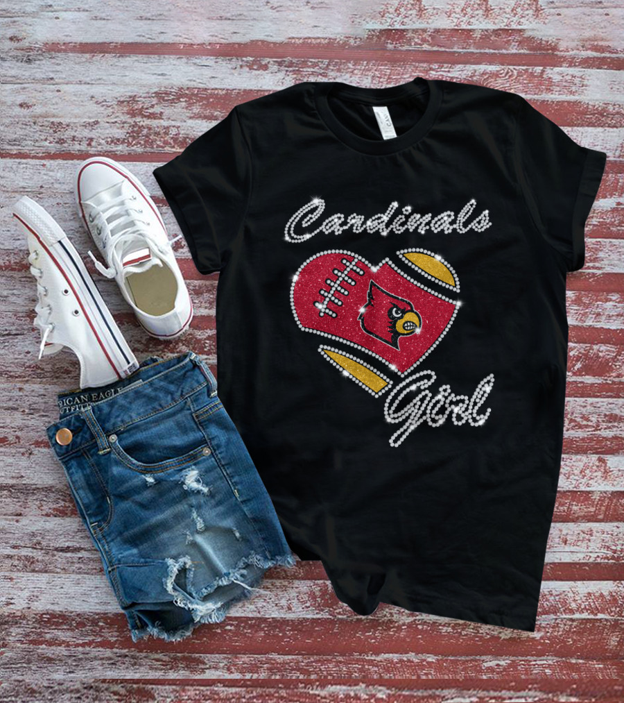Cardinals Girl Louisville Football Heart Sparkle T-Shirt