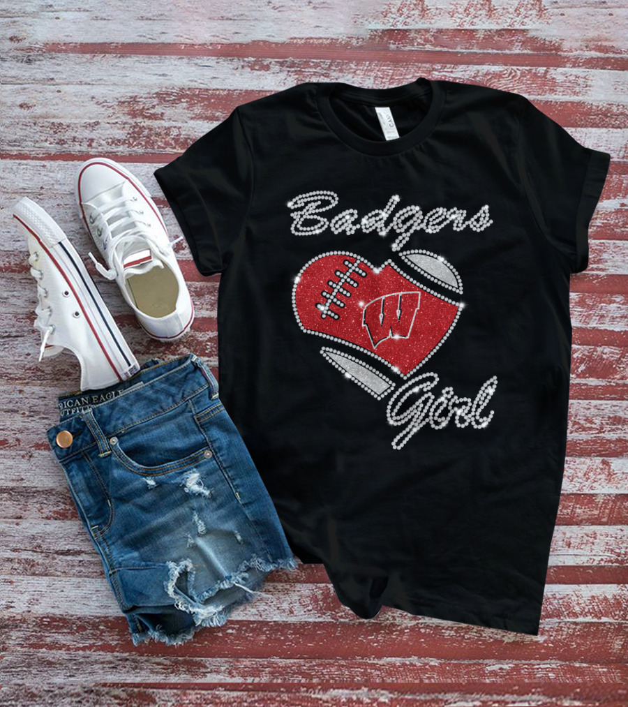 Badgers Girl Wisconsin Football Heart Rhinestone T-Shirt