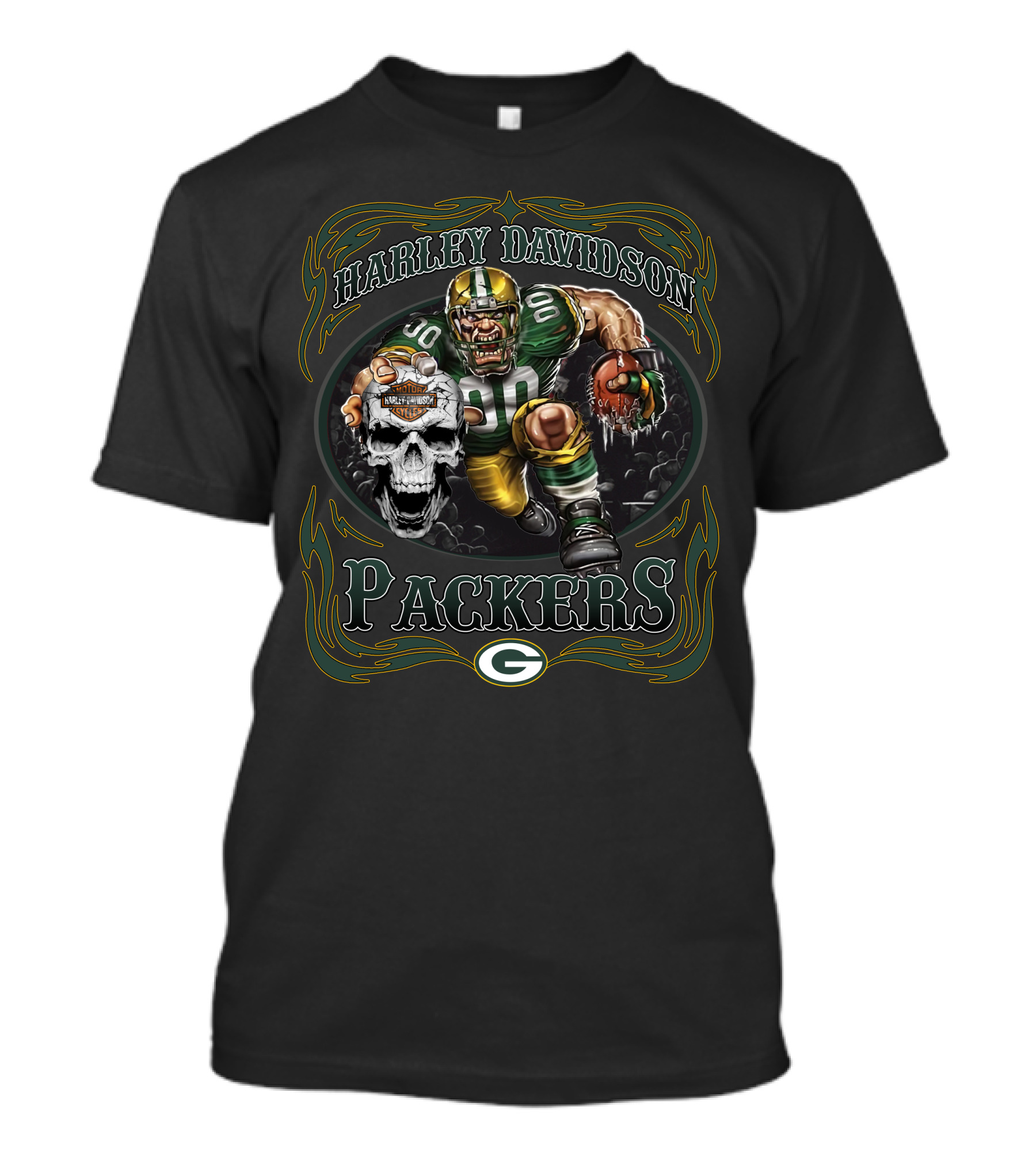 Harley Davidson Green Bay Packers Football Skull T-Shirt