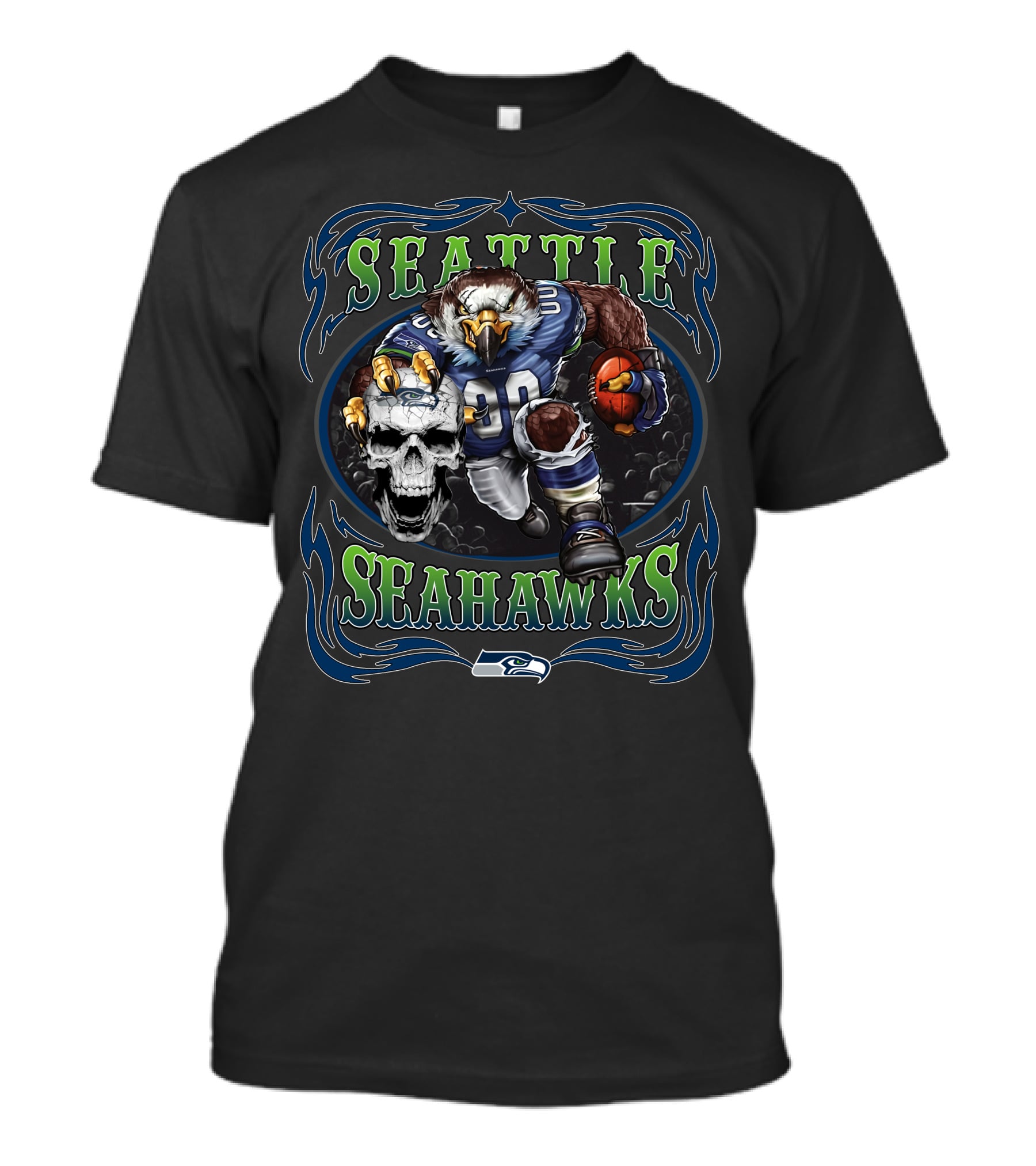 Seattle Seahawks Football Eagle Gridiron Skull On Black T-Shirt