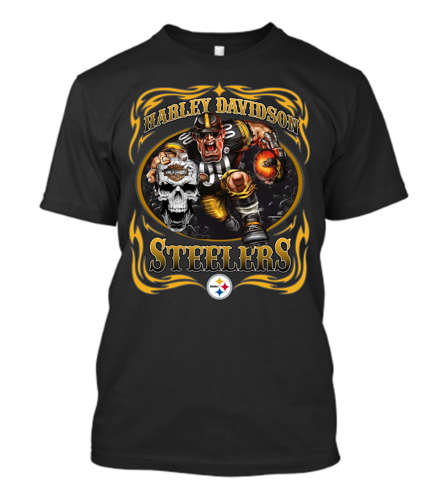 Harley Davidson Pittsburgh Steelers Football Skull Flame T-Shirt