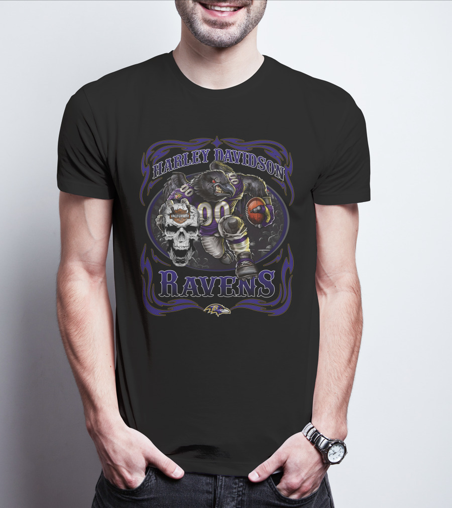 Harley Davidson Baltimore Ravens 90 Skull Logo Bear Football T-Shirt