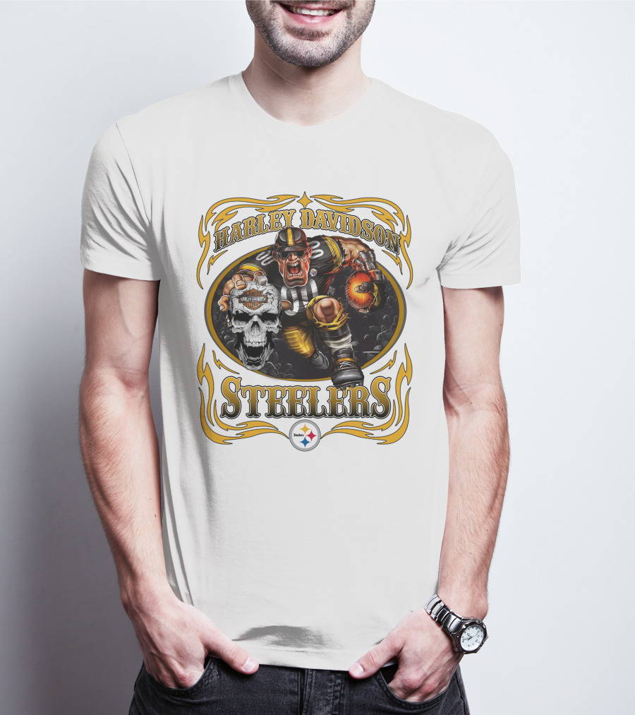 Harley Davidson Steelers Rugged Football Warrior With Fiery Helmet And Skull T-Shirt