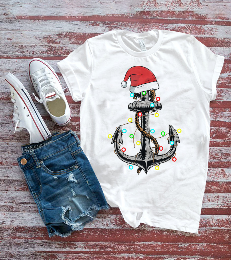 Christmas Lights Santa Hat Anchor Boating Sailing Funny Boat T-Shirt