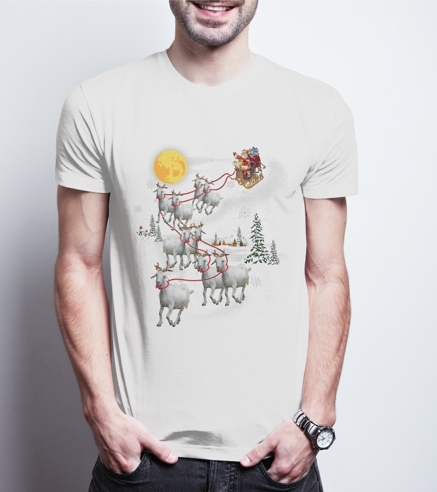 Funny Santa Riding Goat Ugly Christmas Pet Lover Sleigh With Goats And Moon T-Shirt