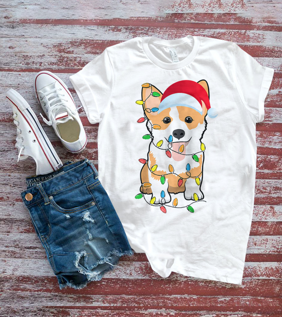 Christmas Corgi Funny Santa Hat Xmas Lights Raglan Baseball T-Shirt