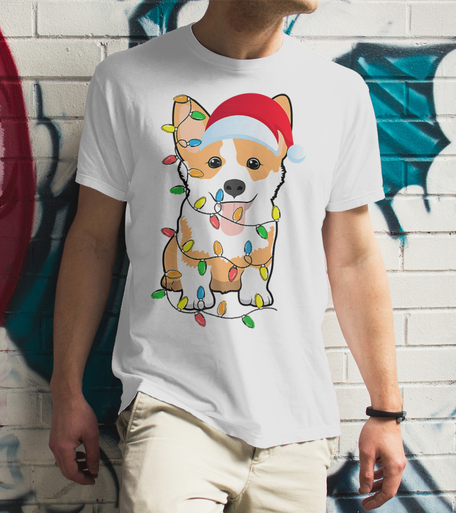 Christmas Corgi Funny Santa Hat Xmas Lights Raglan Baseball T-Shirt