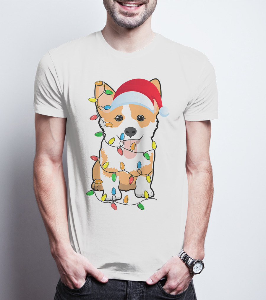 Christmas Corgi Funny Santa Hat Xmas Lights Raglan Baseball T-Shirt