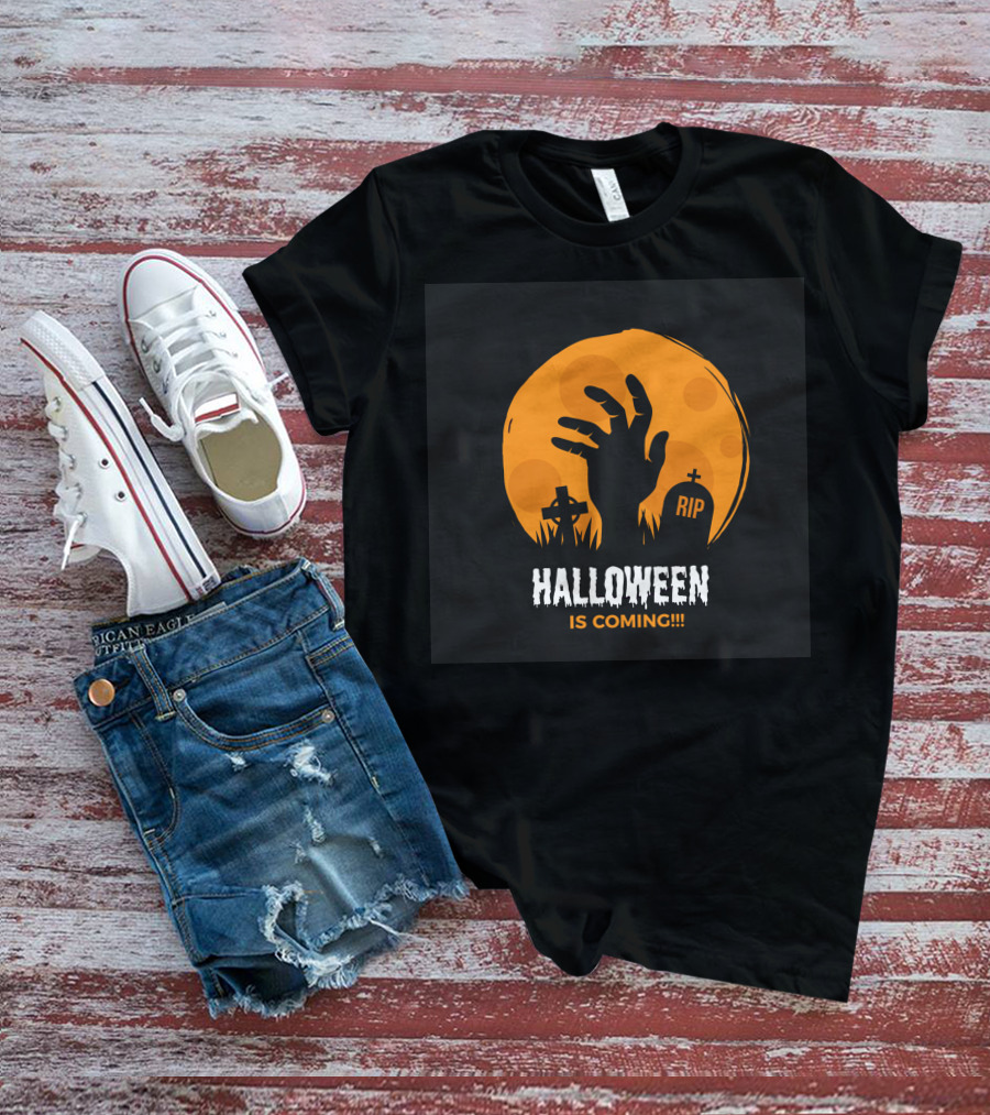 Halloween Is Coming Rising Zombie Hand And RIP Gravestones T-Shirt