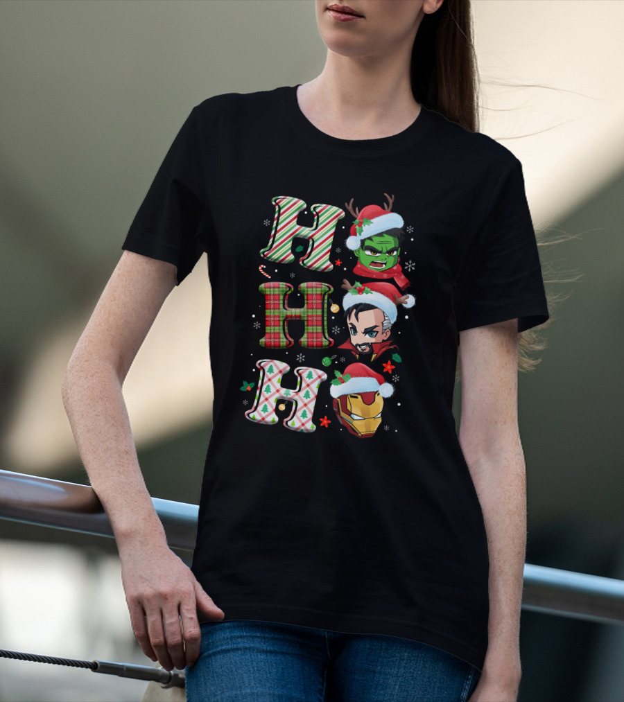 Ho Ho Ho Christmas Heroes Hulk Santa Hulk Ironman T-Shirt