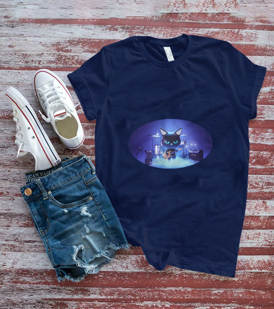 Cat Playing Guitar On Stage With Drums And Amps T-Shirt